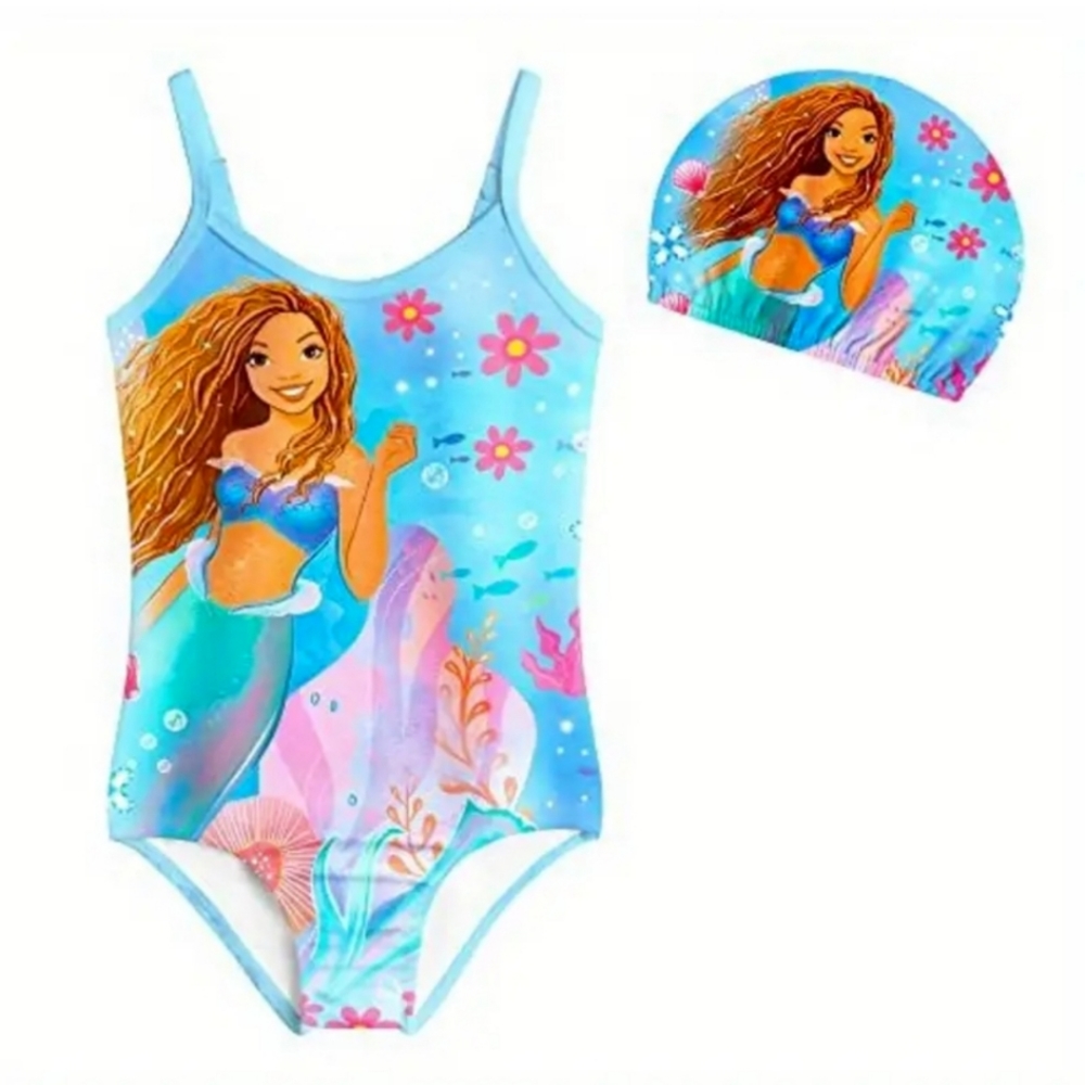 Halle Bailey Little Mermaid Swimsuit with matching Sun Cap. Sz 5-6 years.
